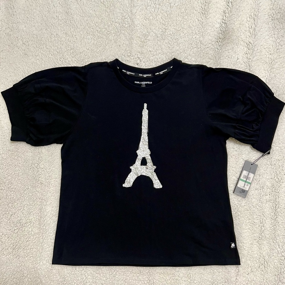 Karl Lagerfeld Black Graphic Tee with Puff Sleeves